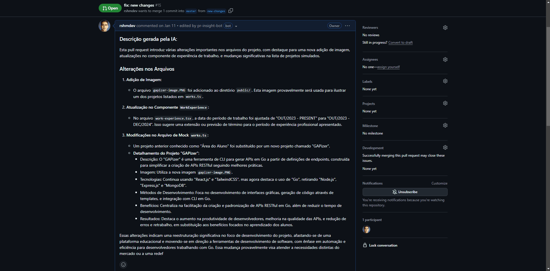 PR Insight - Exemplo de descrição gerada